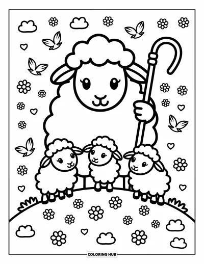 Coloriage de moutons pour adultes : Un vieux mouton tenant un bâton de berger veille sur trois agneaux sur une colline herbeuse