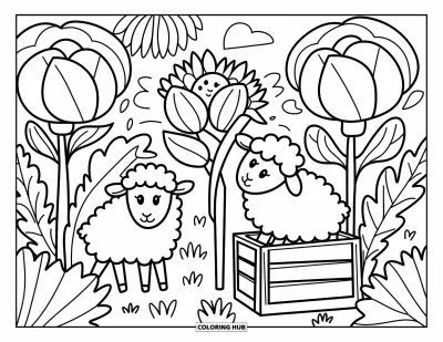 Coloriage de moutons pour adultes : Un mouton se cache derrière des tournesols tandis qu'un autre est accroupi près d'une caisse en bois