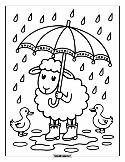 Coloriage de moutons pour adultes : Des gouttes de pluie tombent tandis qu'un mouton en bottes se tient près de canards sous son parapluie