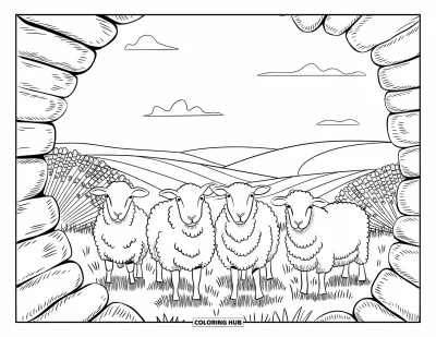 Coloriage de moutons pour adultes : Des moutons se rassemblent dans un champ avec des collines ondulantes et de douces nuages au-dessus