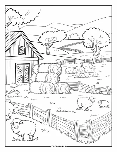 Coloriage de moutons pour adultes : Des moutons se détendent dans une ferme avec du foin, des arbres et des clôtures en bois sinueuses