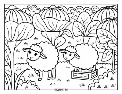 Coloriage de moutons pour adultes : Deux moutons jouent à cache-cache derrière de grands tournesols et des buissons feuillus