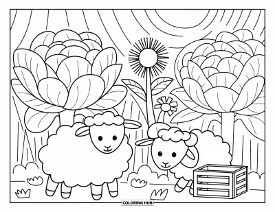 Coloriage de moutons pour adultes : Deux moutons se cachent joyeusement parmi de grandes plantes de jardin et des buissons verdoyants