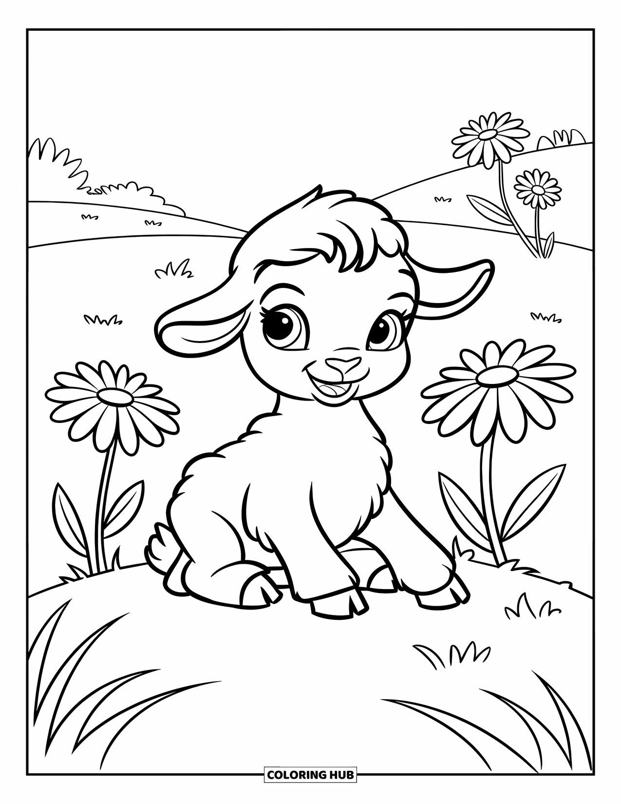 Sheep Coloring Page for Kids: A baby lamb rests on a hill with daisies and a calm distant horizon
