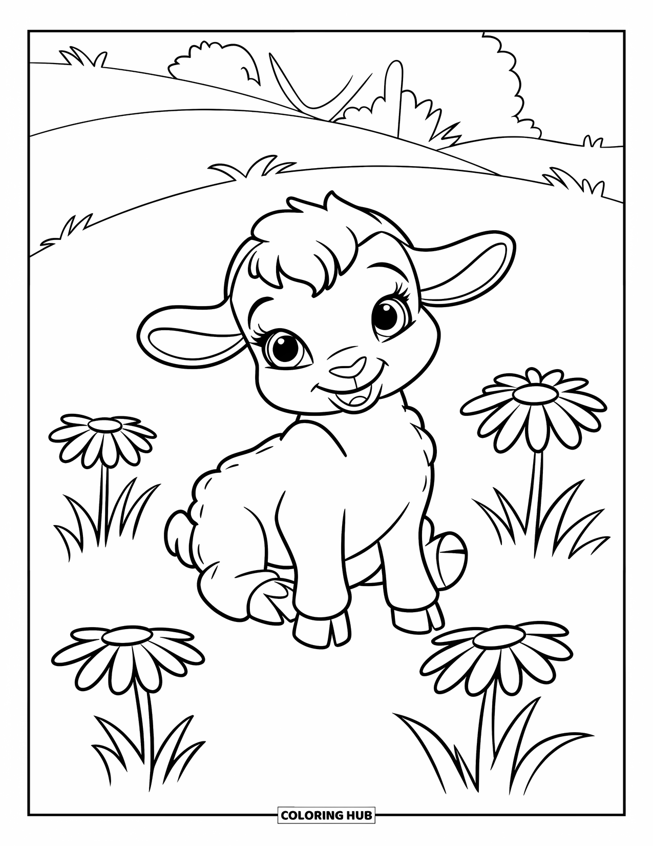 Sheep Coloring Page for Kids: A baby lamb sits on a grassy hill with three big daisies around it