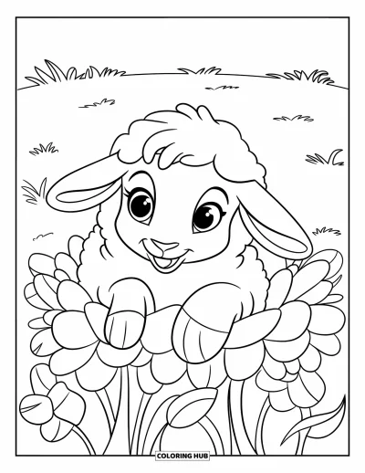 Coloriage de moutons pour enfants : Un agneau pointe le museau depuis un grand buisson fleuri dans un champ joyeux et ensoleillé