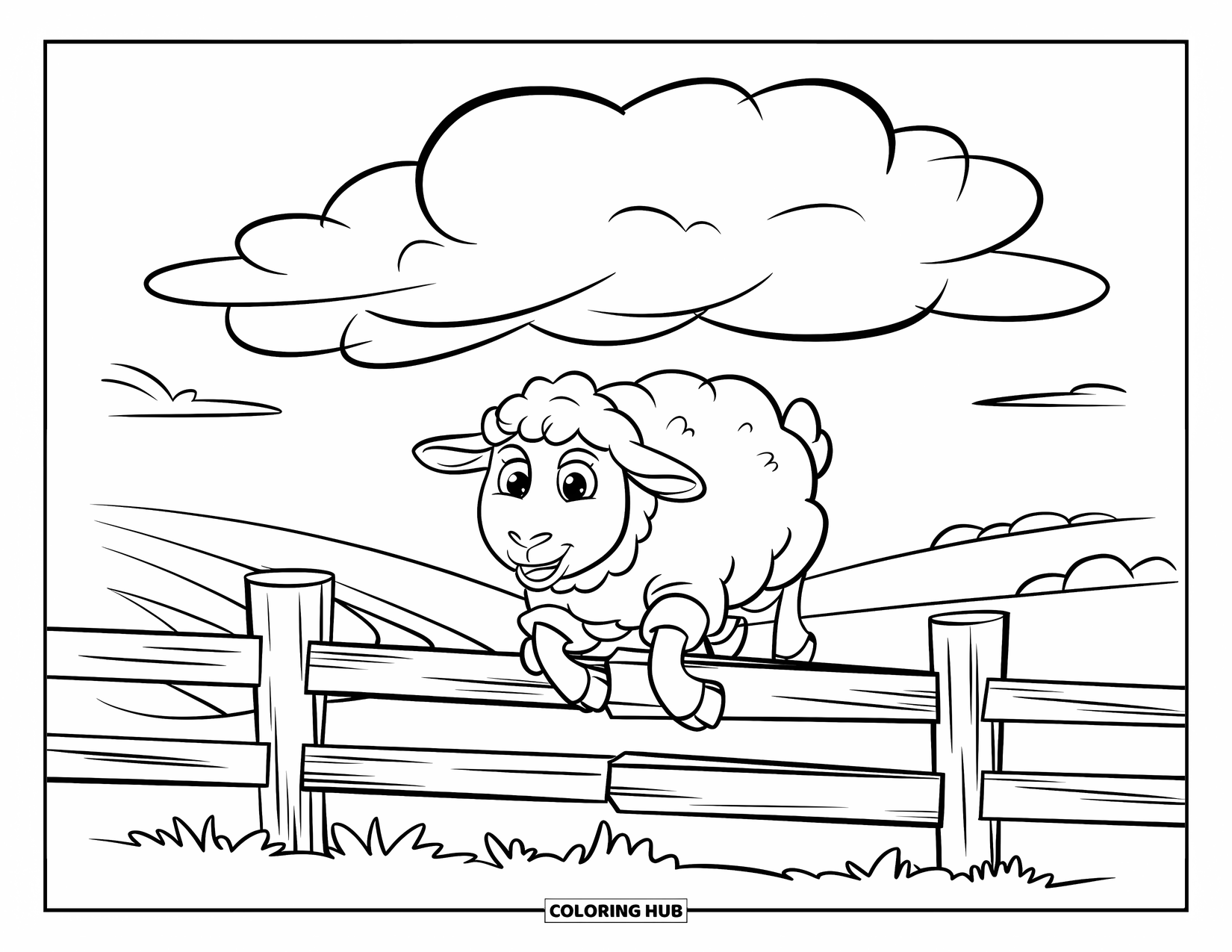 Sheep Coloring Page for Kids: A cheerful sheep in a sweater jumps over a wooden fence and smiles