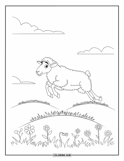 Coloriage de moutons pour enfants : Un mouton joyeux bondit sur des collines ondulantes avec des fleurs en bas et des nuages en haut