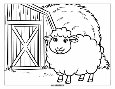 Coloriage de moutons pour enfants : Un mouton tout rond se tient près d'une grange et d'une grande meule de foin