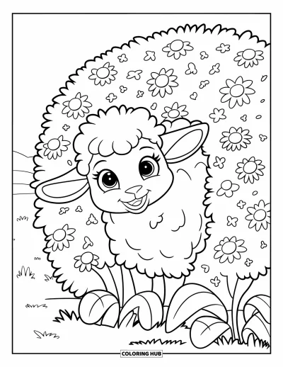 Coloriage de moutons pour enfants : Un petit mouton tout duveteux aux grands yeux pointe le museau depuis un buisson fleuri