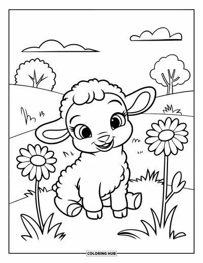 Coloriage de moutons pour enfants : Un agneau duveteux est assis sur une colline herbeuse avec des marguerites et des nuages dans le ciel