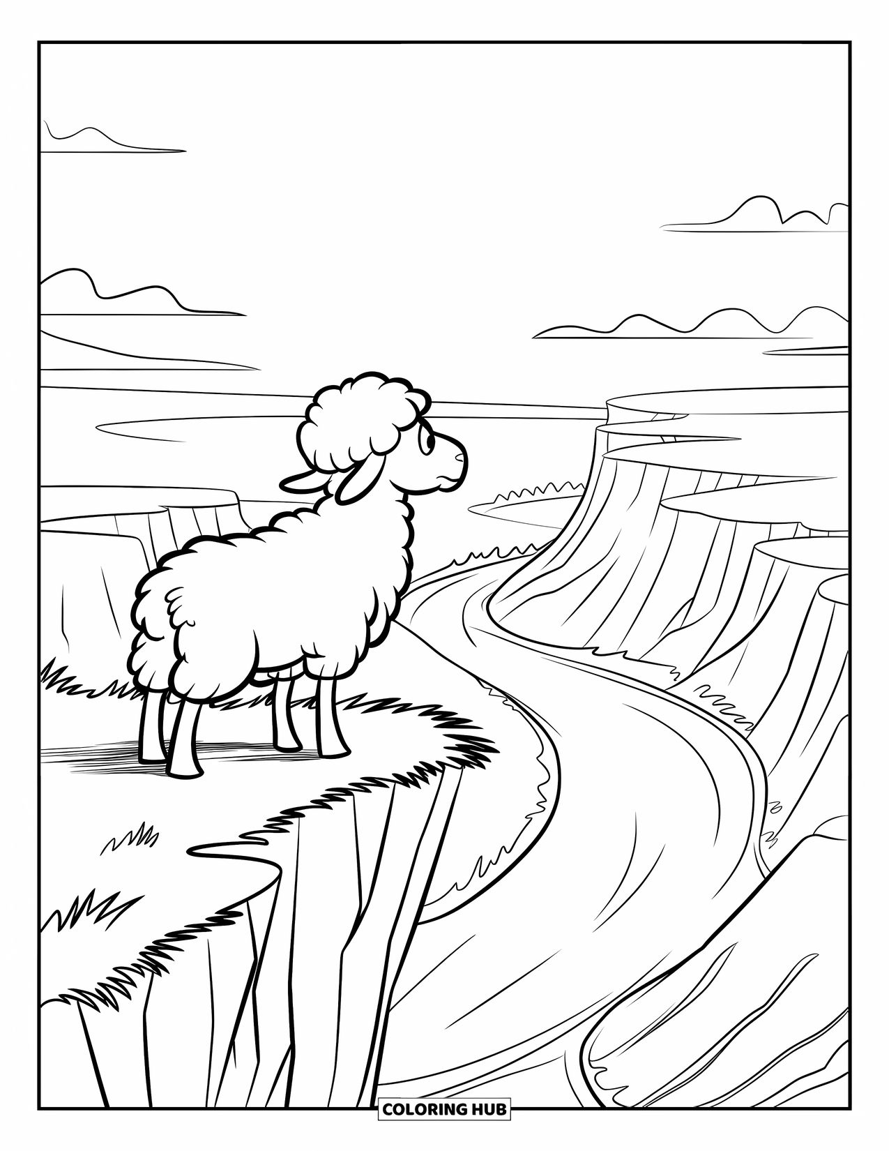 Sheep Coloring Page for Kids: A fluffy sheep stands at a cliff's edge overlooking a wide, winding valley