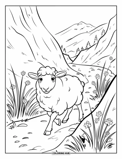 Coloriage de moutons pour enfants : Un mouton duveteux marche près de fleurs et de hautes herbes vers une montagne au loin