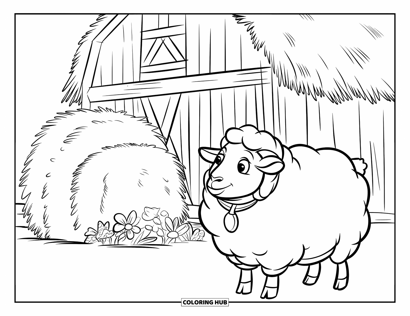 Sheep Coloring Page for Kids: A fluffy sheep with a collar stands near a wooden barn and straw pile