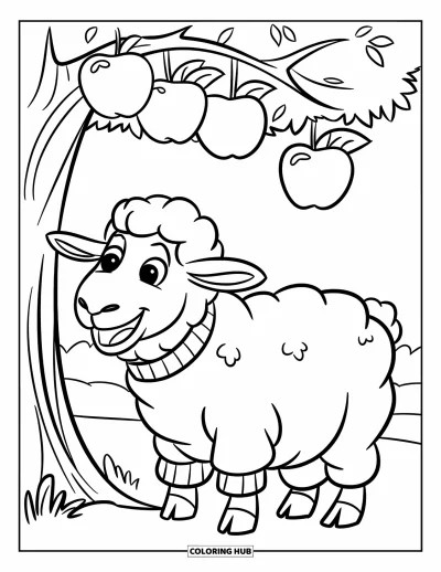 Coloriage de moutons pour enfants : Un mouton heureux en pull rouge se tient sous un arbre chargé de pommes