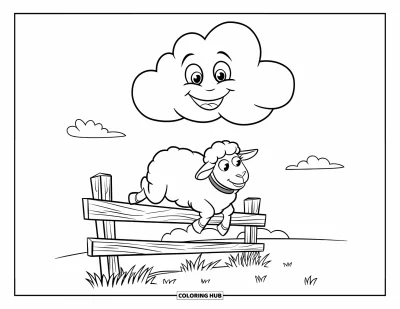 Coloriage de moutons pour enfants : Un mouton joyeux avec un collier saute une clôture sous un nuage souriant façon dessin animé