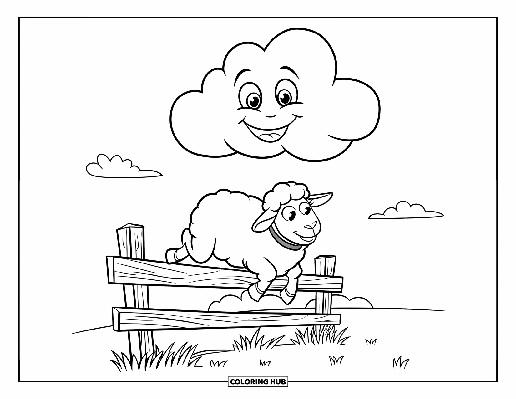 Sheep Coloring Page for Kids: A joyful sheep with a collar jumps a fence under a smiling cartoon cloud