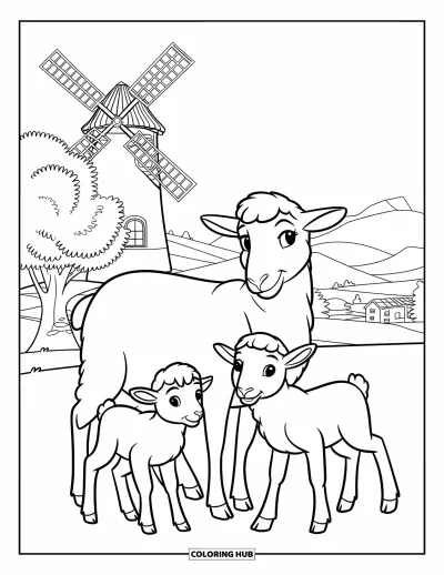 Coloriage de moutons pour enfants : Une brebis et ses agneaux se reposent près d'un moulin à vent avec une vue sur les montagnes