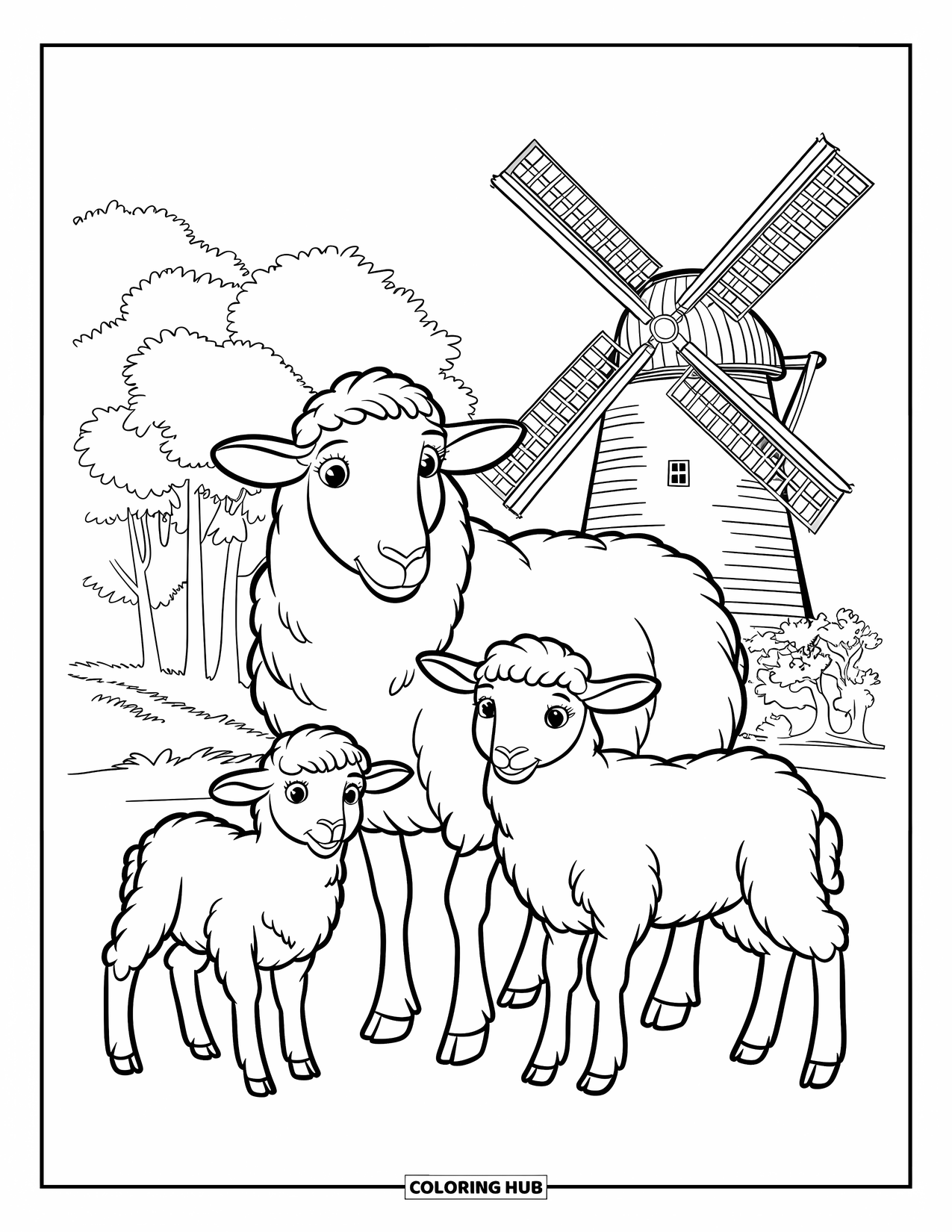 Sheep Coloring Page for Kids: A mother sheep stands with two lambs near a windmill and trees