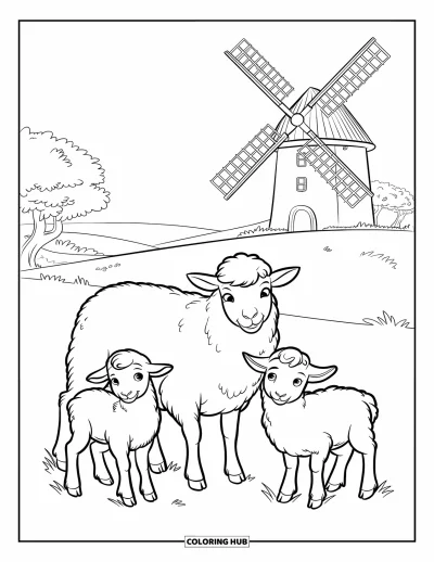 Coloriage de moutons pour enfants : Une brebis et ses deux agneaux se tiennent dans l'herbe près d'un moulin à vent au loin