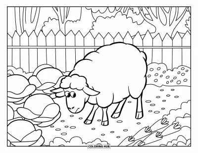 Coloriage de moutons pour enfants : Un mouton tout rond se promène dans un potager avec une clôture et de grands arbres