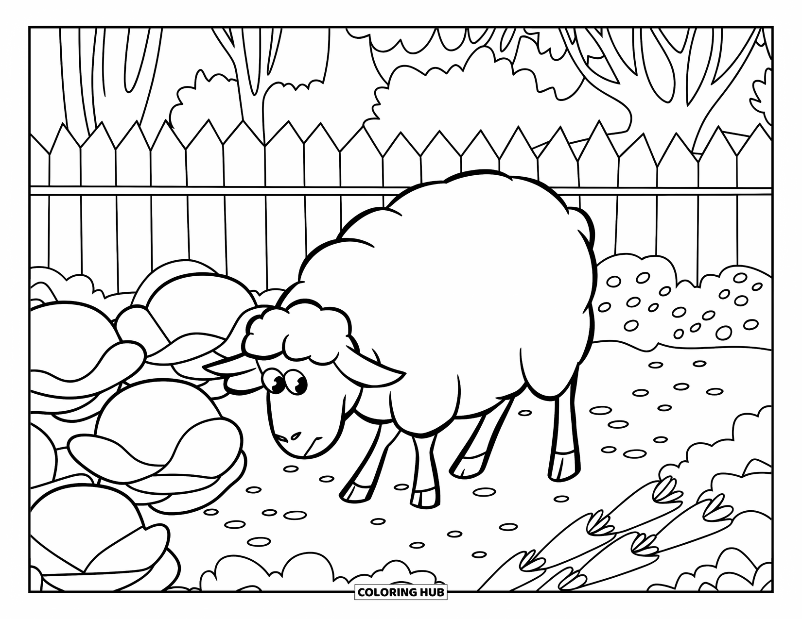 Sheep Coloring Page for Kids: A round sheep walks through a veggie garden with a fence and tall trees