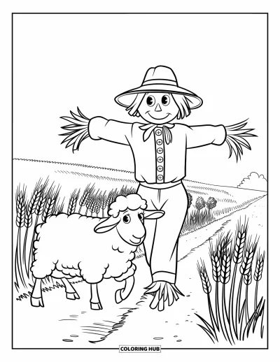 Coloriage de moutons pour enfants : Un mouton et un épouvantail marchent sur un chemin de terre à travers un champ parsemé d'arbres