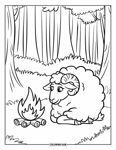 Coloriage de moutons pour enfants : Un mouton se pelotonne près d'un feu de camp dans un cadre forestier paisible