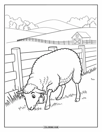 Coloriage de moutons pour enfants : Un mouton broute près d'une clôture avec une grange et des arbres en arrière-plan