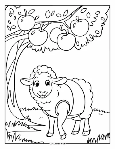 Coloriage de moutons pour enfants : Un mouton en gilet vert sourit sous un pommier dans un champ herbeux