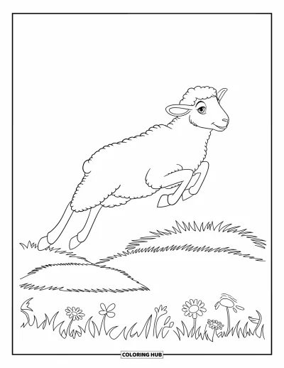 Coloriage de moutons pour enfants : Un mouton bondit par-dessus des collines herbeuses parsemées de fleurs sauvages