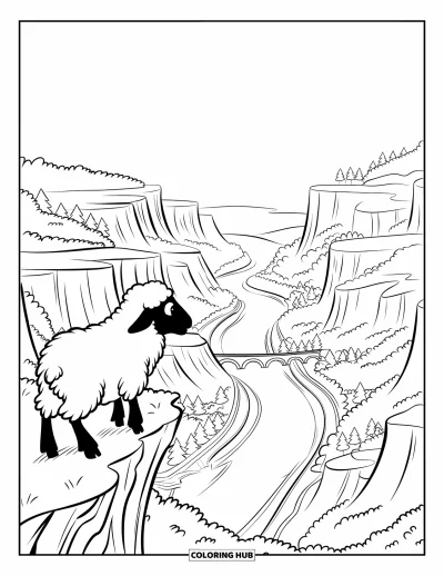 Coloriage de moutons pour enfants : Un mouton contemple une vallée de montagne avec une rivière qui serpente entre les arbres et les ponts
