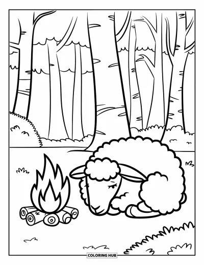 Coloriage de moutons pour enfants : Un mouton se repose près d'un feu de camp sous de grands arbres sur fond blanc