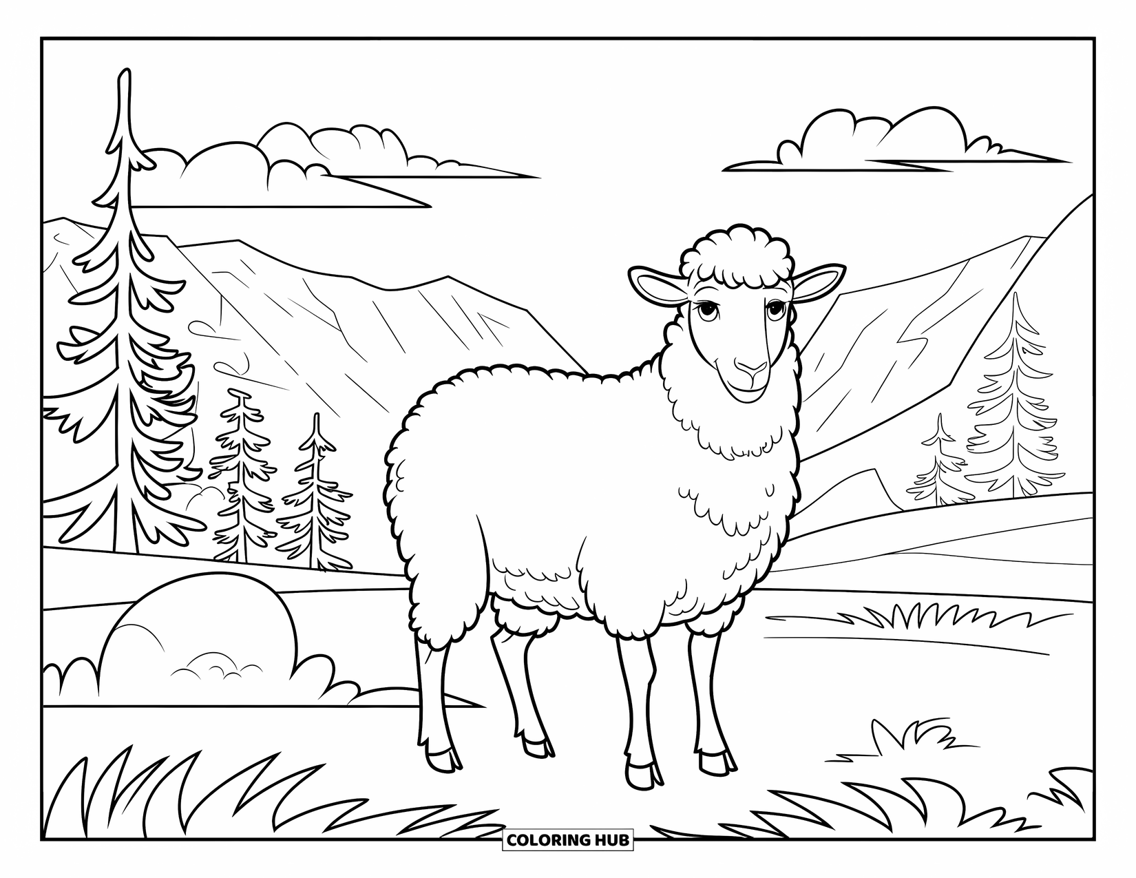 Sheep Coloring Page for Kids: A sheep stands calmly in a valley with tall pines and a cloudy sky