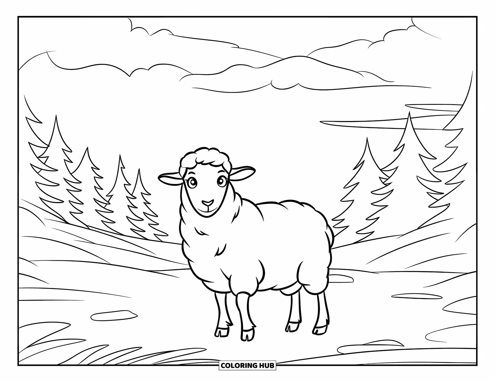 Sheep Coloring Page for Kids: A sheep stands in a quiet valley beneath a cloudy sky and tall trees