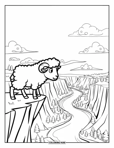 Coloriage de moutons pour enfants : Un mouton se tient sur une falaise et regarde une rivière serpenter dans une vallée boisée