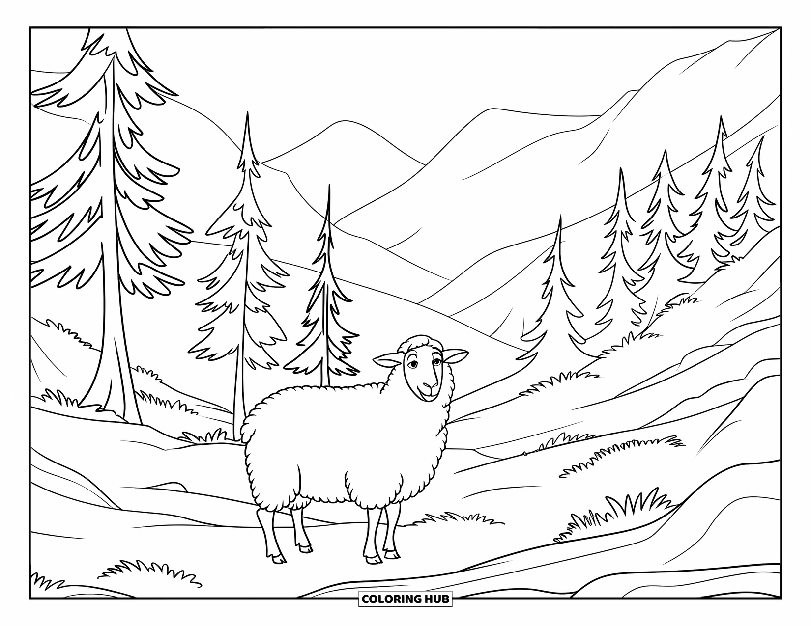 Sheep Coloring Page for Kids: A sheep stands on rocky ground in a green valley with pine trees and mountains