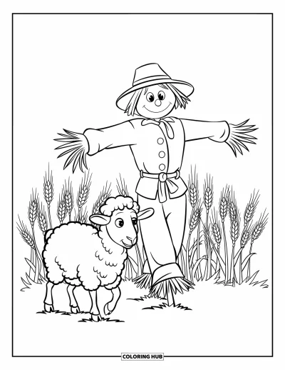 Coloriage de moutons pour enfants : Un mouton marche aux côtés d'un épouvantail dans un champ de blé paisible