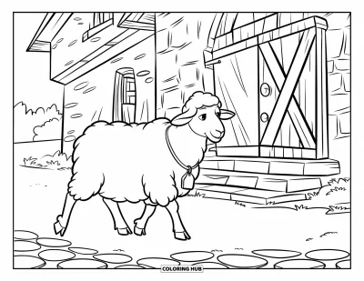 Coloriage de moutons pour enfants : Un mouton marche près d'une grange en pierre entourée d'arbres et de pavés