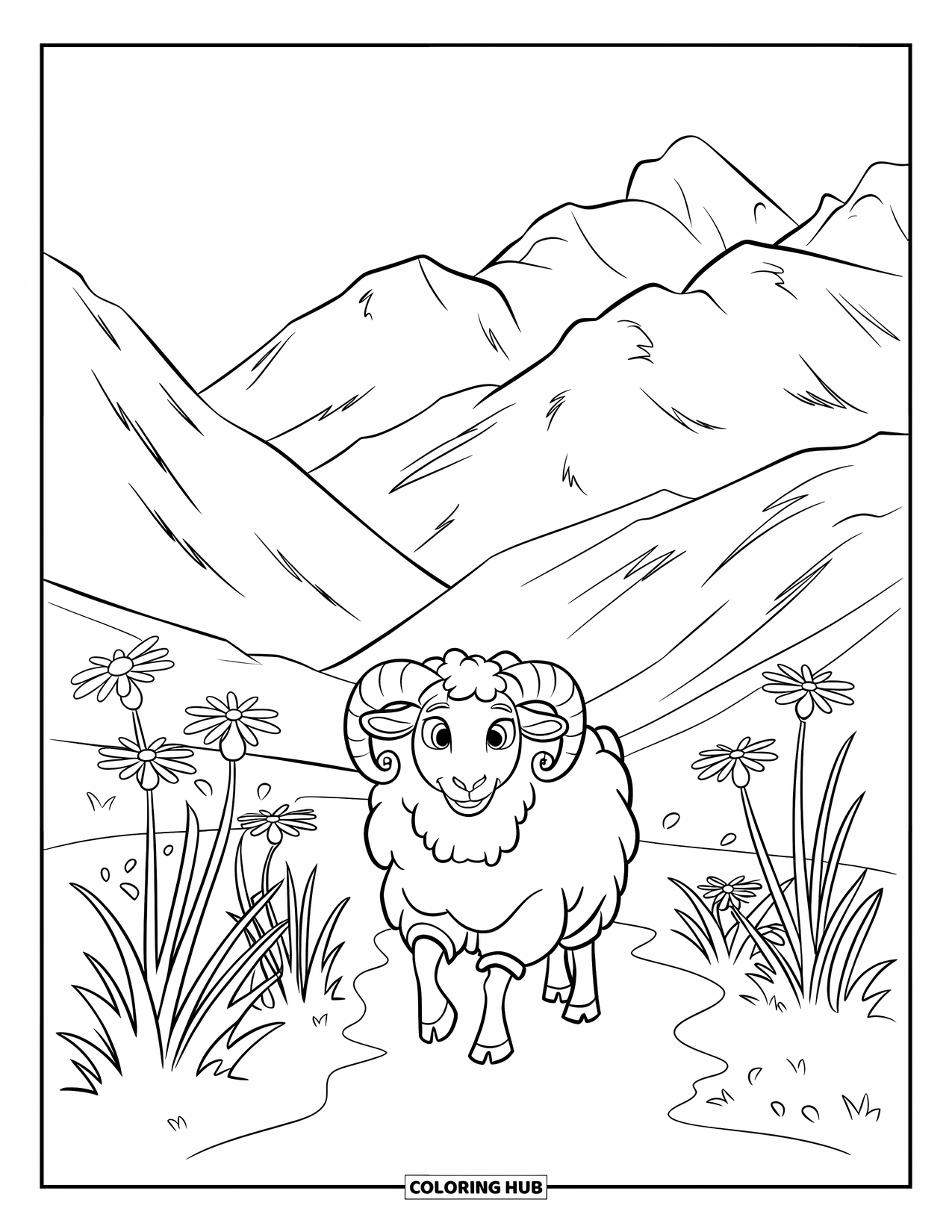 Sheep Coloring Page for Kids: A sheep walks through a mountain pass lined with flowers and tall grass
