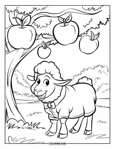 Coloriage de moutons pour enfants : Un mouton avec un nœud papillon se tient sous un pommier dans un champ verdoyant