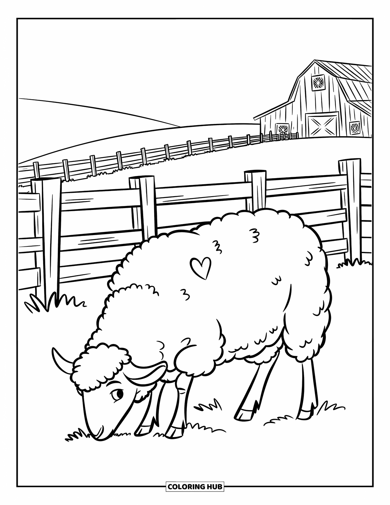 Sheep Coloring Page for Kids: A sheep with a heart on its wool grazes near a fence and barn