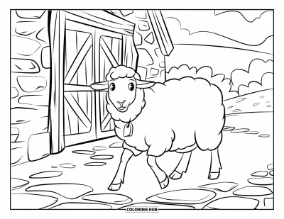Coloriage de moutons pour enfants : Un mouton avec une étiquette marche sur des pavés inégaux près d'une grange en bois et des collines