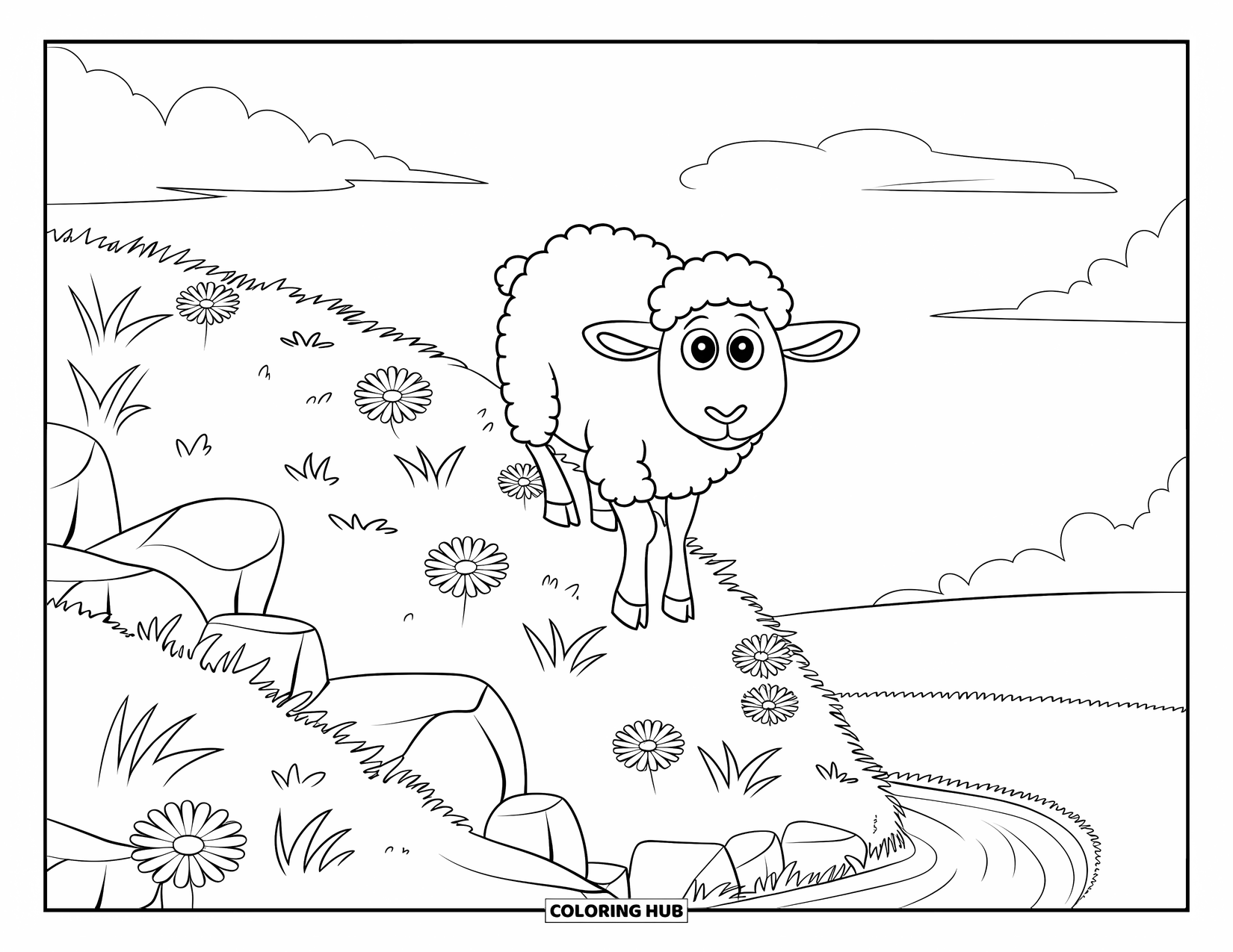 Sheep Coloring Page for Kids: A sheep with big eyes climbs near flowers and a gentle stream under clear skies