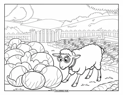 Coloriage de moutons pour enfants : Un mouton avec des lunettes explore un champ de choux dans une paisible campagne