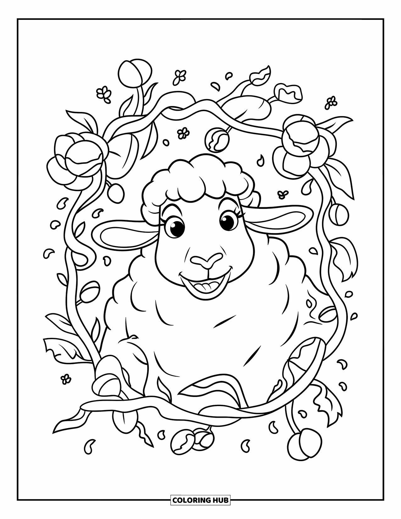Sheep Coloring Page for Kids: A sheep with wide eyes is framed by twisting vines and round blooms