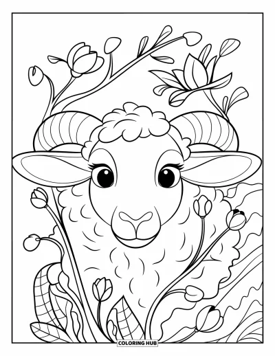 Coloriage de moutons pour enfants : Le visage d'un mouton est encadré de lianes épaisses et de fleurs sur un fond épuré