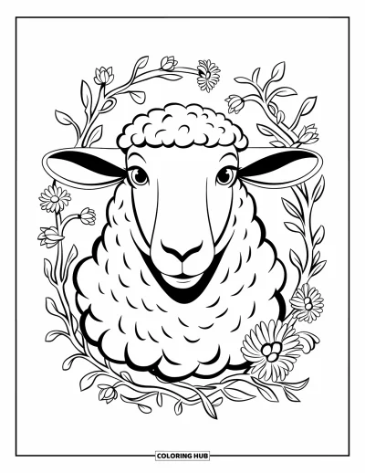 Coloriage de moutons pour enfants : La tête d'un mouton est encadrée de lianes sauvages et de fleurs sur fond blanc