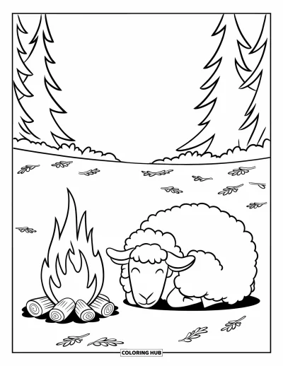 Coloriage de moutons pour enfants : Un mouton endormi se pelotonne près d'un feu dans une forêt calme couverte de feuilles sèches
