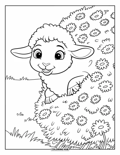 Coloriage de moutons pour enfants : Un petit mouton pointe le museau depuis des fleurs roses dans un buisson fleuri